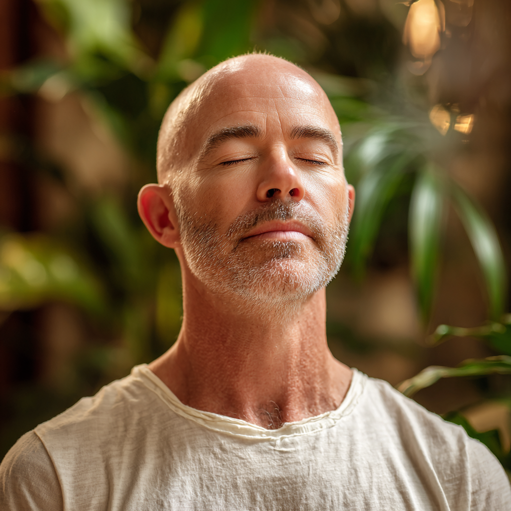 Peaceful mature man in his late 40s practicing mindful breathing in a warm, natural yoga environment with soft lighting and plants, wearing comfortable neutral clothing, demonstrating proper alignment and serenity